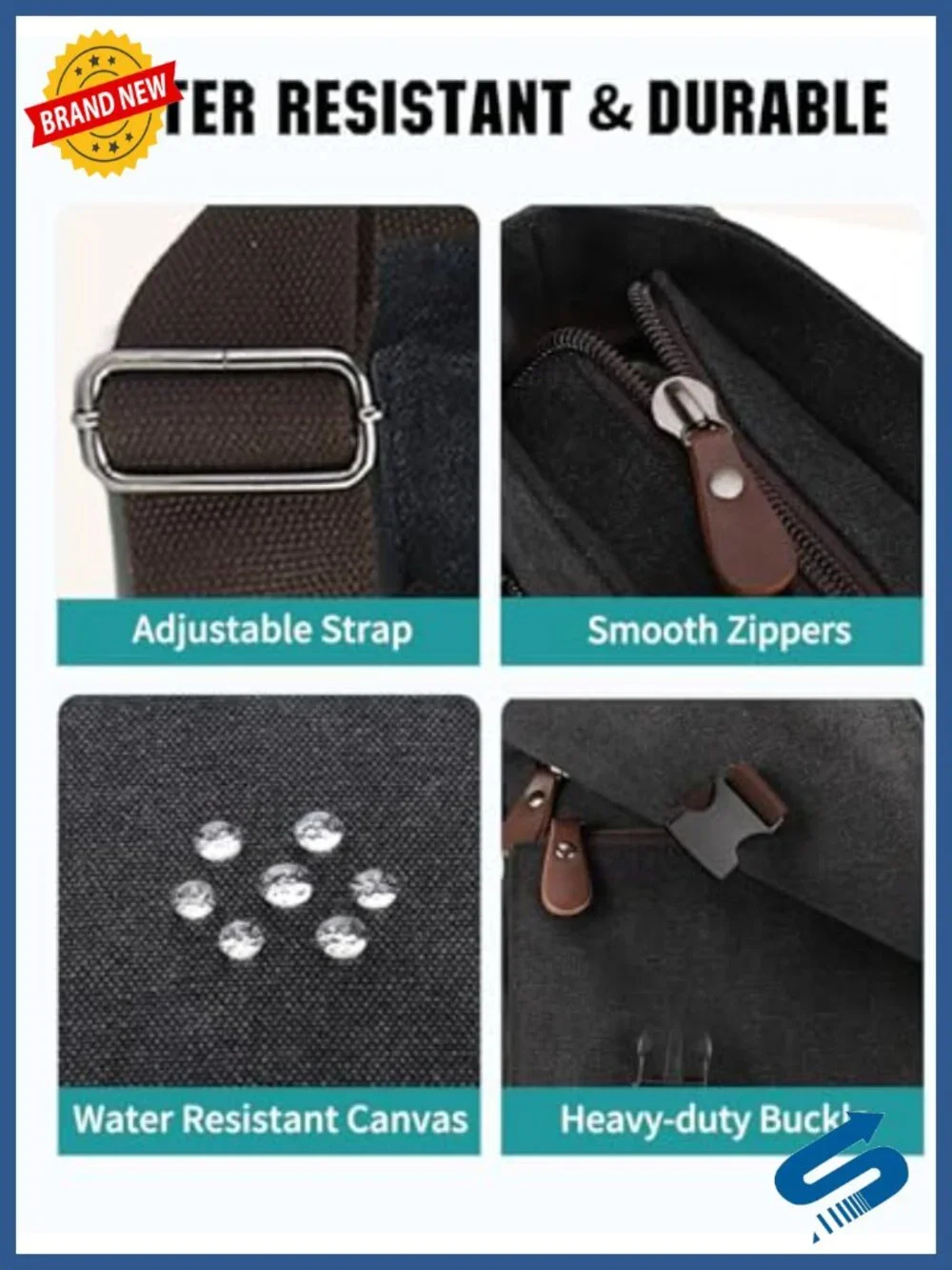 Water Resistant Canvas Messenger Bag 15.6 Inch Laptop Briefcase